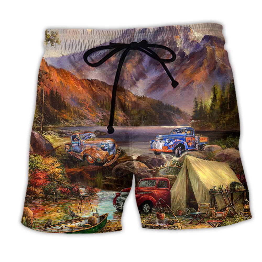 Camping Car Mountain Style Beautiful Trendy Aloha Hawaiian Beach Shorts
