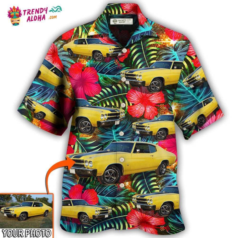 Car Chevelle Car Cool Tropical Flower Custom Photo Hawaiian Shirt - Trendy Aloha