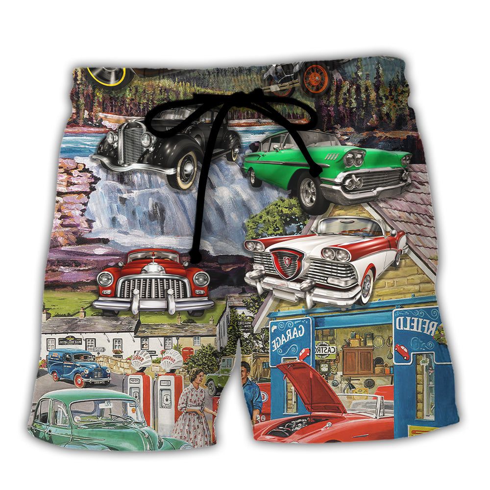 Car Classic Car Life Art Style Trendy Aloha Hawaiian Beach Shorts