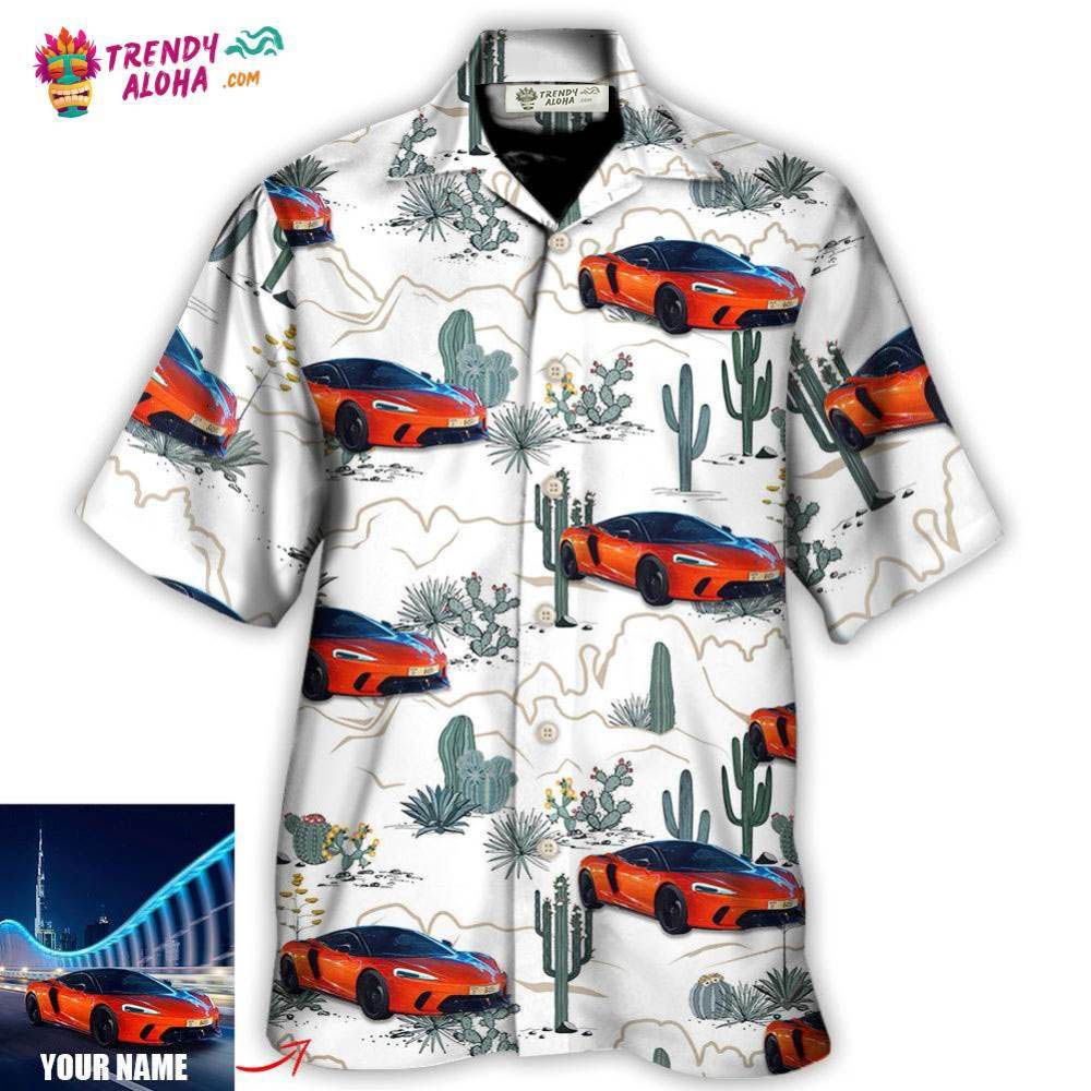 Car Desert With Mountains Blooming Cacti Opuntia And Saguaro Custom Photo Hawaiian Shirt - Trendy Aloha