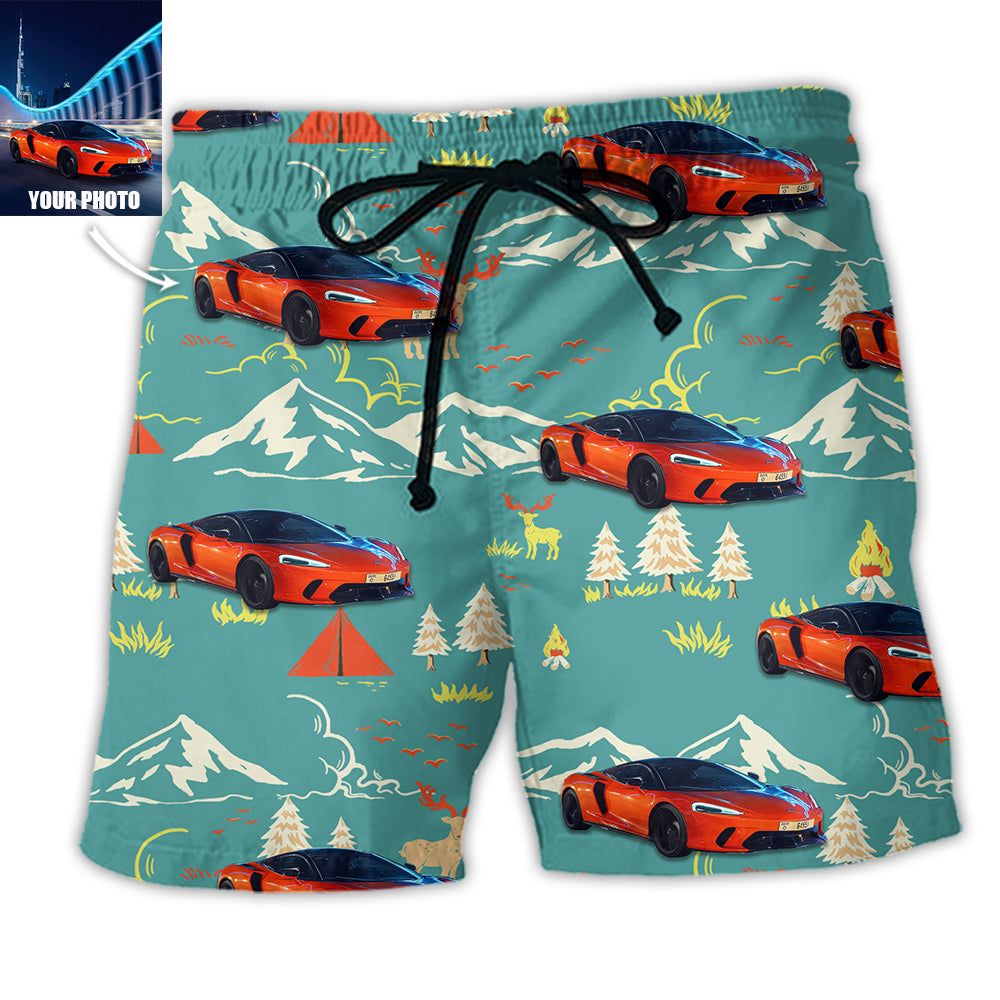 Car Driving On Mountain Custom Photo Trendy Aloha Hawaiian Beach Shorts