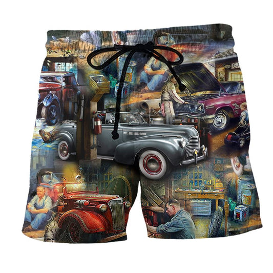 Car Fix Life Vintage Style Trendy Aloha Hawaiian Beach Shorts