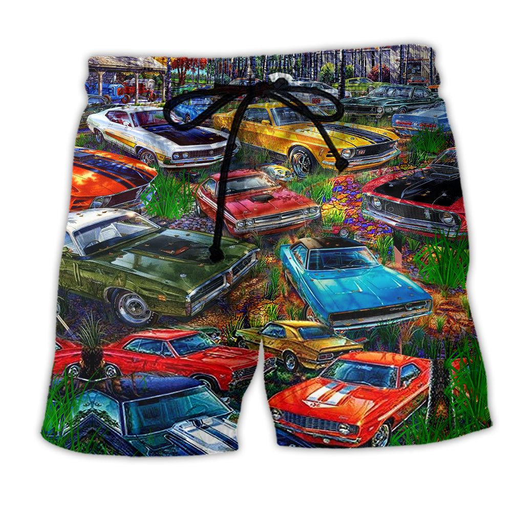 Car In The Garden Color Trendy Aloha Hawaiian Beach Shorts