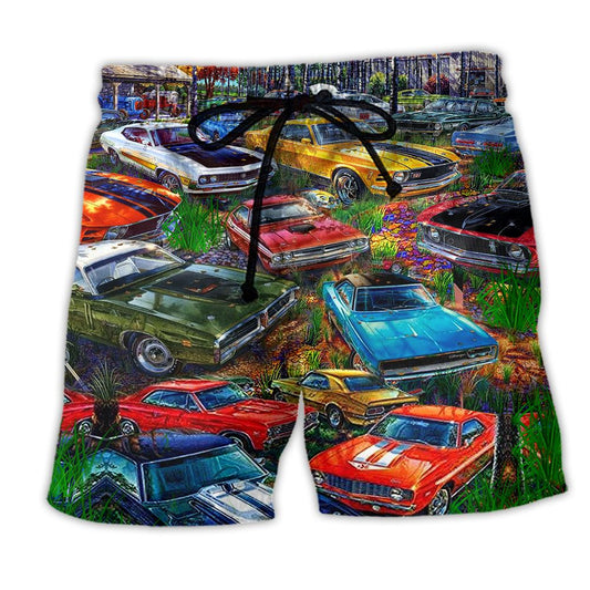 Car In The Garden Color Trendy Aloha Hawaiian Beach Shorts