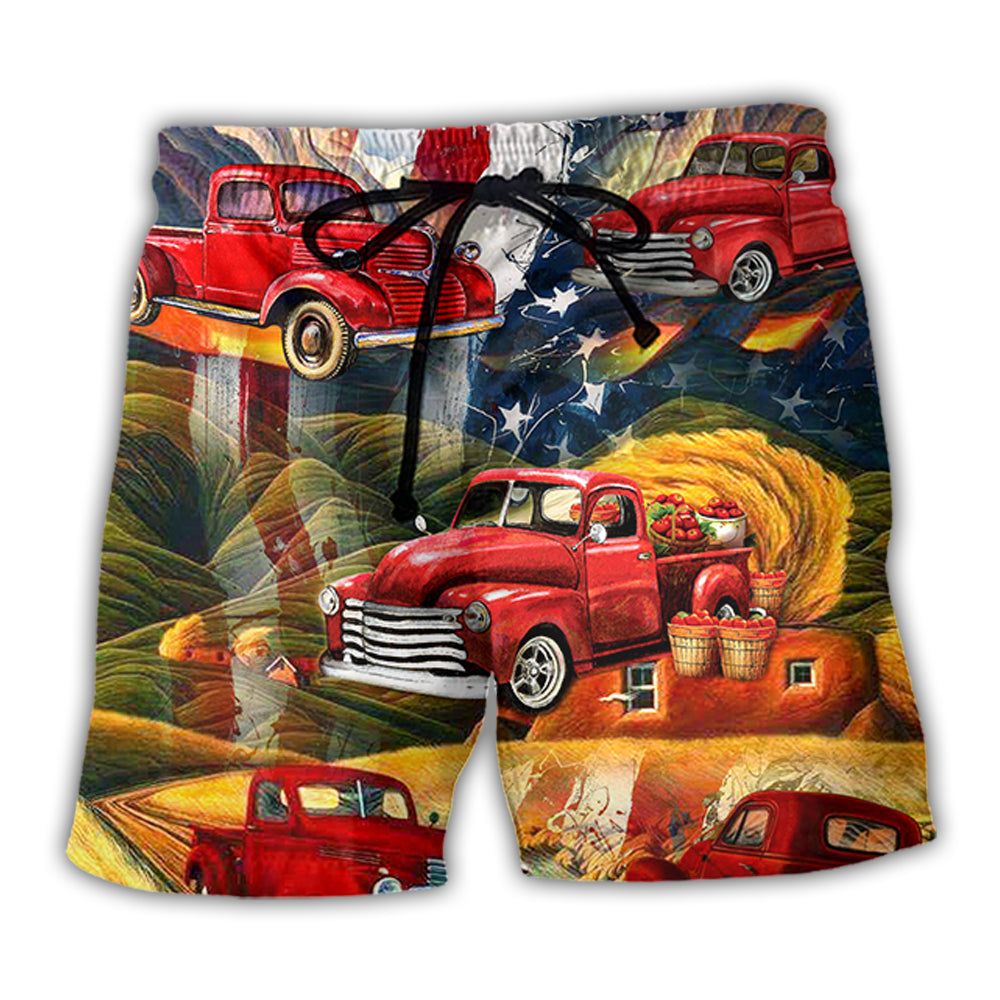 Car Independence Day Red Car Vintage Trendy Aloha Hawaiian Beach Shorts