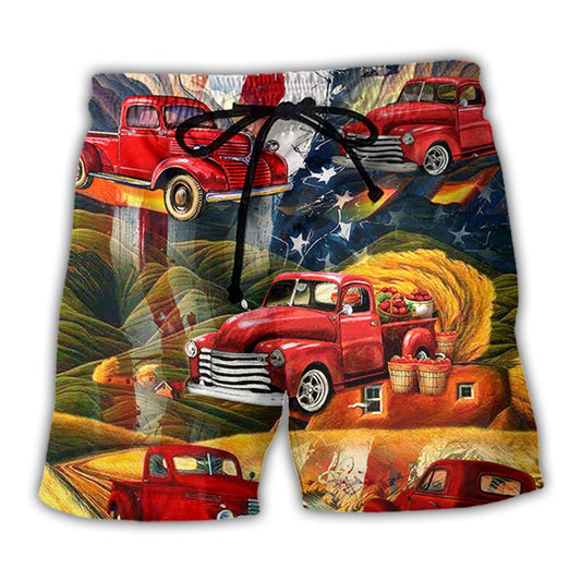 Car Independence Day Red Car Vintage Trendy Aloha Hawaiian Beach Shorts