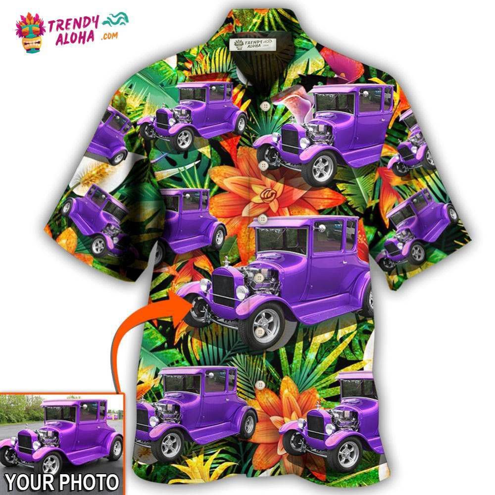 Car Model T Tropical Flower Custom Photo Hawaiian Shirt - Trendy Aloha