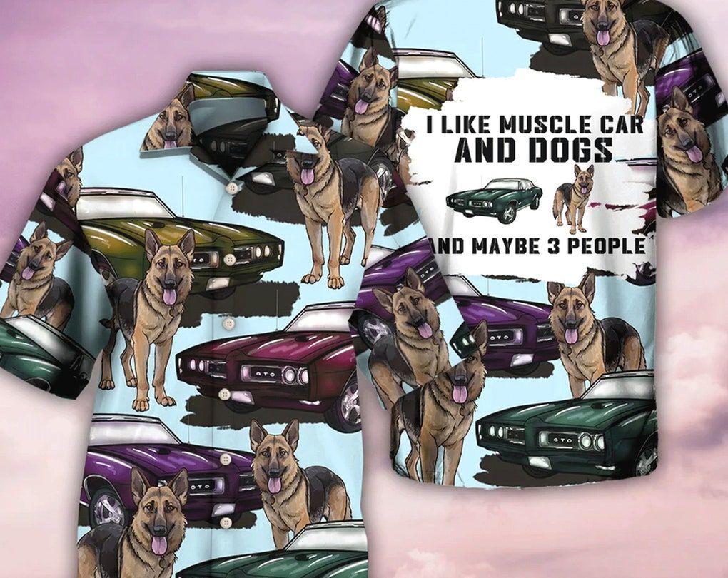 Car Muscle Car And Dog - Trendy Hawaiian Shirt, Tropical Beach Shirt Button Down Shirt, Beach Party Shirts As Holiday Gifts, Hawaiian Set Gift.