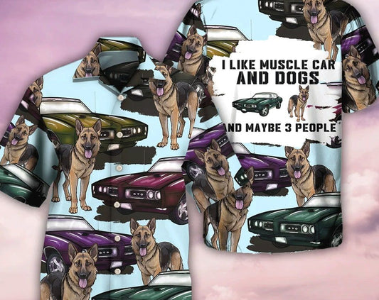Car Muscle Car And Dog - Trendy Hawaiian Shirt, Tropical Beach Shirt Button Down Shirt, Beach Party Shirts As Holiday Gifts, Hawaiian Set Gift.