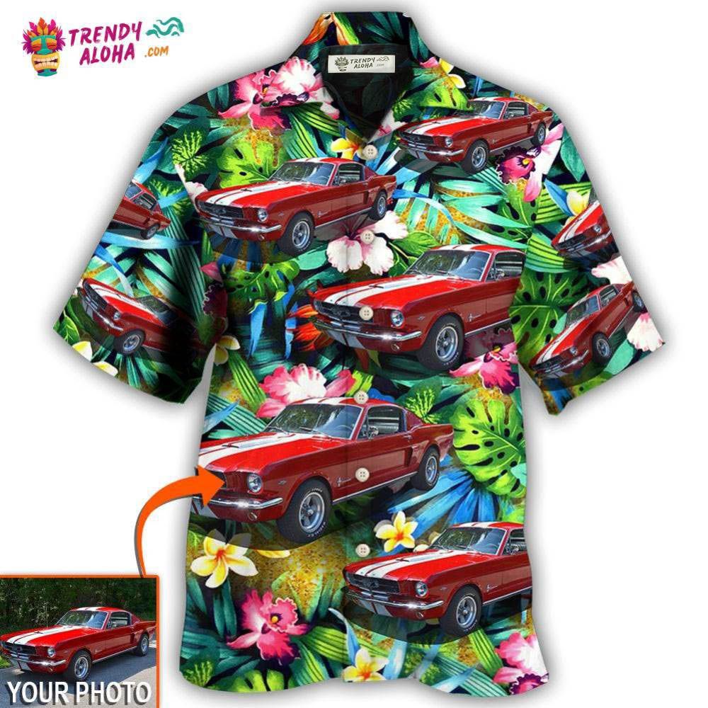 Car Mustang Car Modern Classic Tropical Flower Custom Photo Hawaiian Shirt - Trendy Aloha