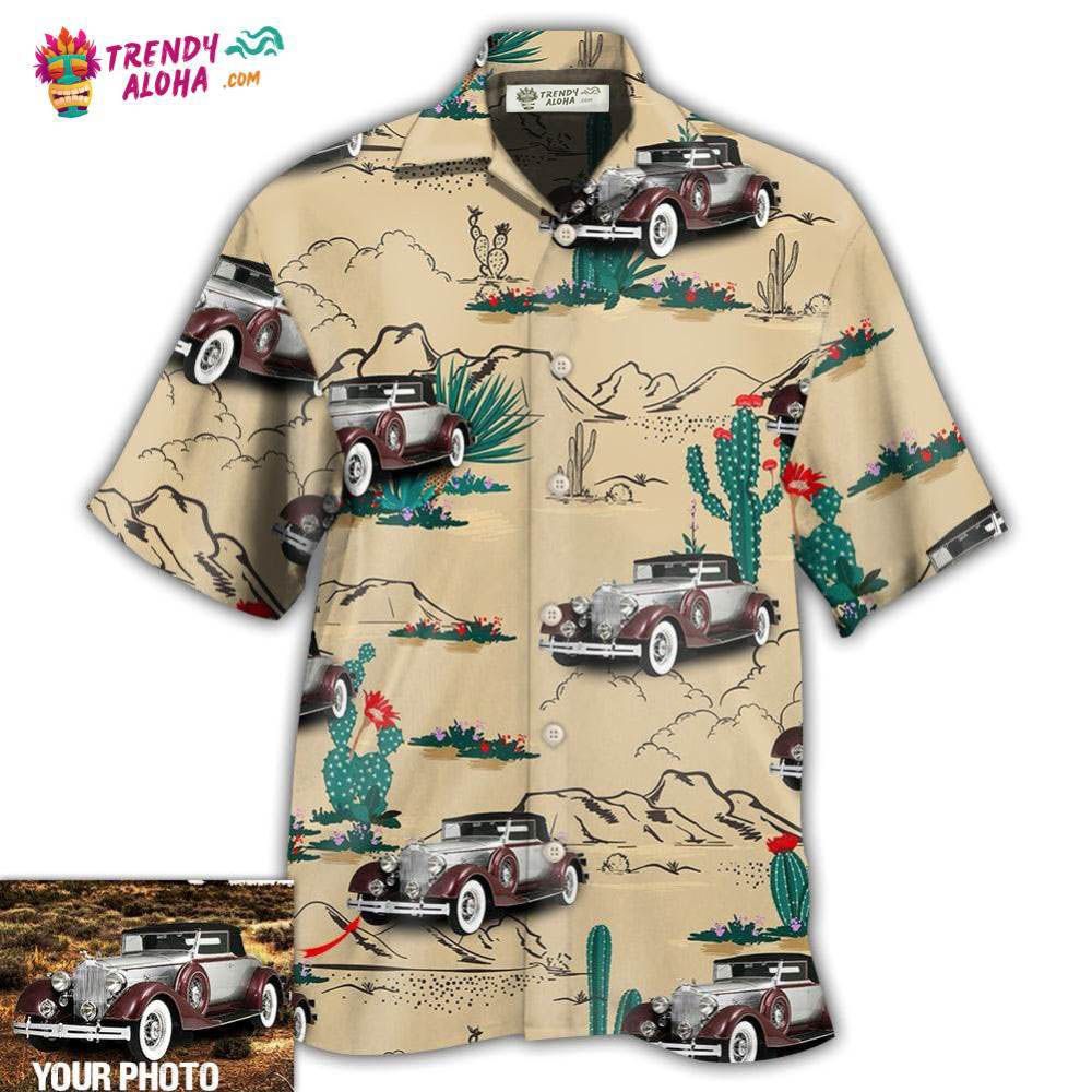 Car On The Desert With Cactus Basic Style Custom Photo Hawaiian Shirt - Trendy Aloha