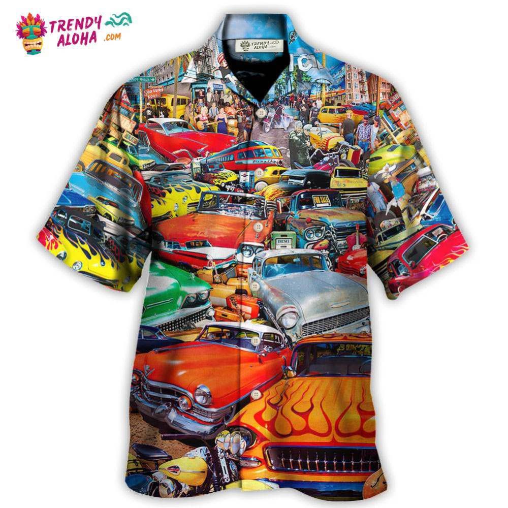 Car Retro Guitar Palm Trees Hawaiian Shirt - Trendy Aloha