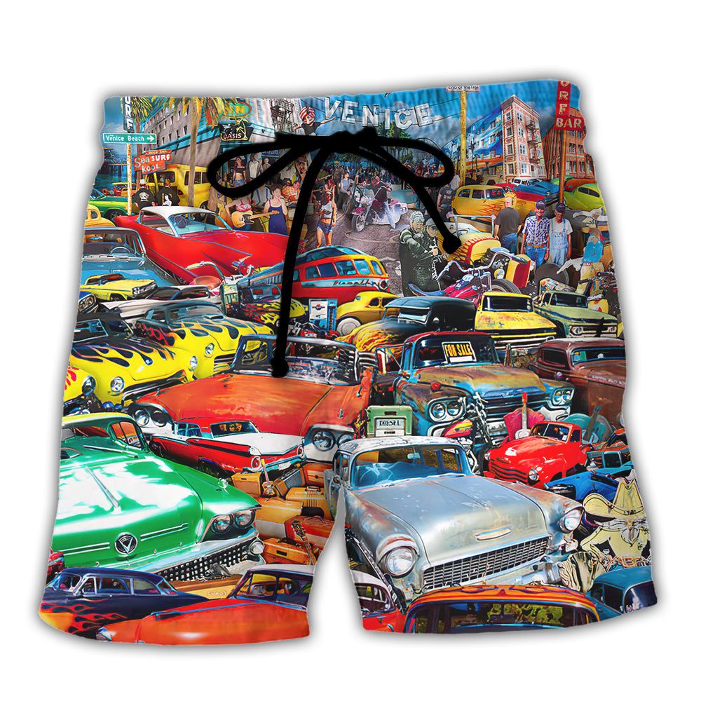 Car Retro Guitar Palm Trees Trendy Aloha Hawaiian Beach Shorts