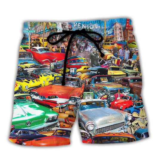 Car Retro Guitar Palm Trees Trendy Aloha Hawaiian Beach Shorts