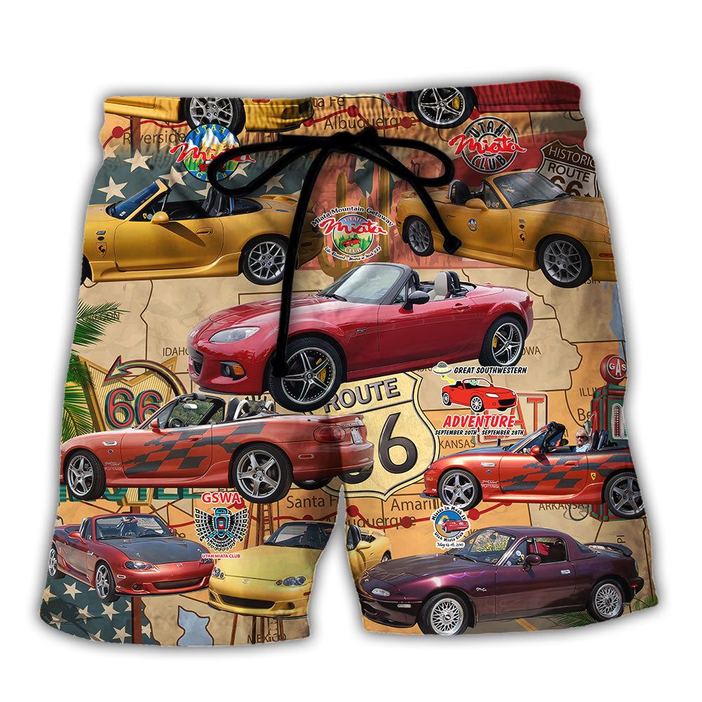 Car Road Route Vintage Style Trendy Aloha Hawaiian Beach Shorts
