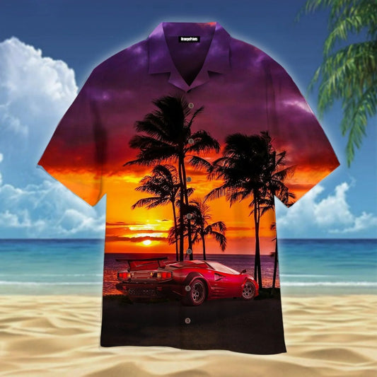 Car Sunset On The Beach Trendy Hawaiian Shirt For