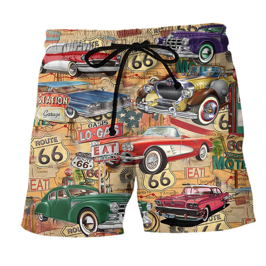 Car The Mother Road Route 66 Road Trip Trendy Aloha Hawaiian Beach Shorts