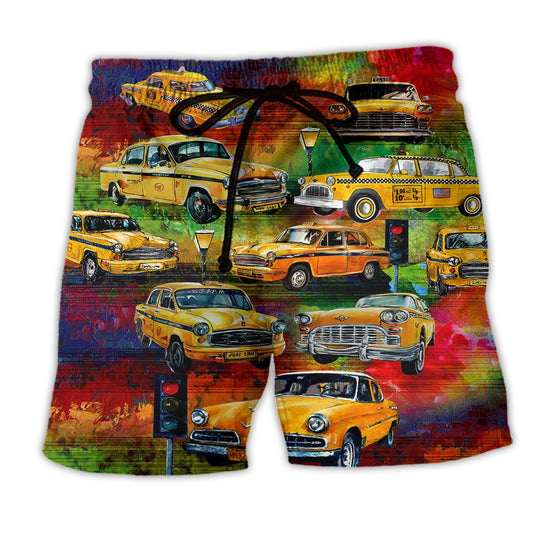 Car Yellow Vintage Night Trendy Aloha Hawaiian Beach Shorts