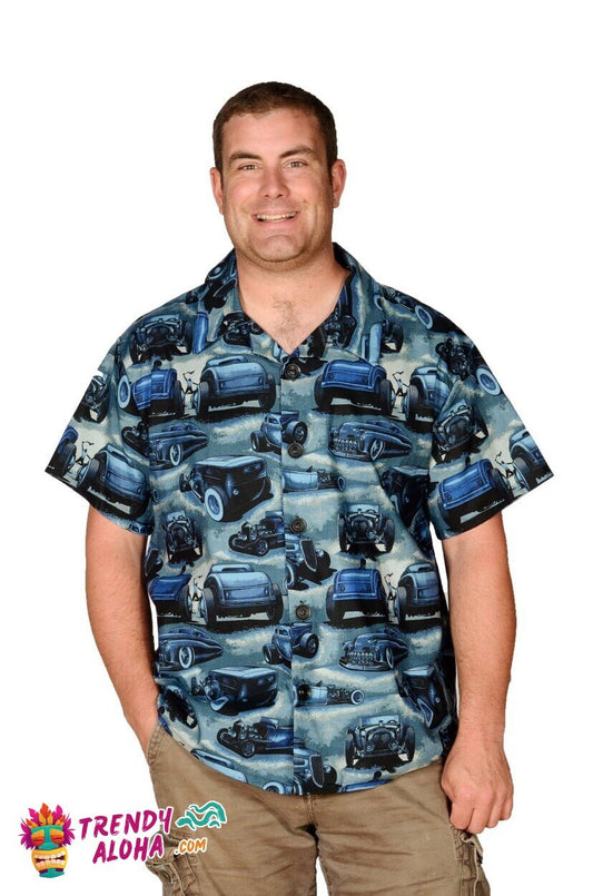 Classic Blue Hot Rods Retro Car Pattern Hawaiian Shirt for Collectors