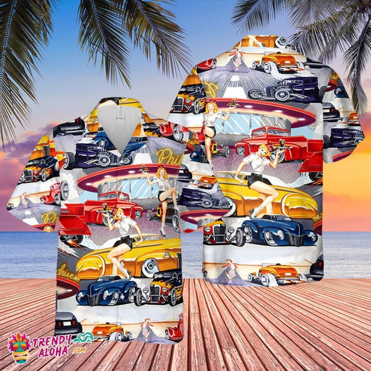 Classic Car Diner Theme Hawaiian Shirt for Muscle Car Fans