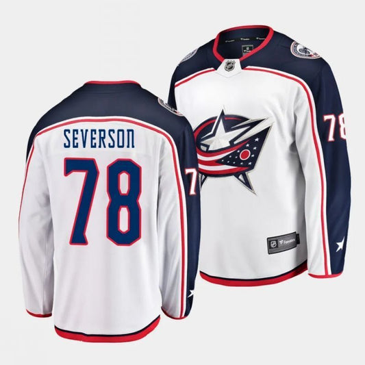 columbus blue jackets #78 damon severson away white breakaway player jersey