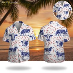 Cow Print Button Down Hawaiian Shirt with Fireworks Design - Men's Short Sleeve Casual Summer Shirt