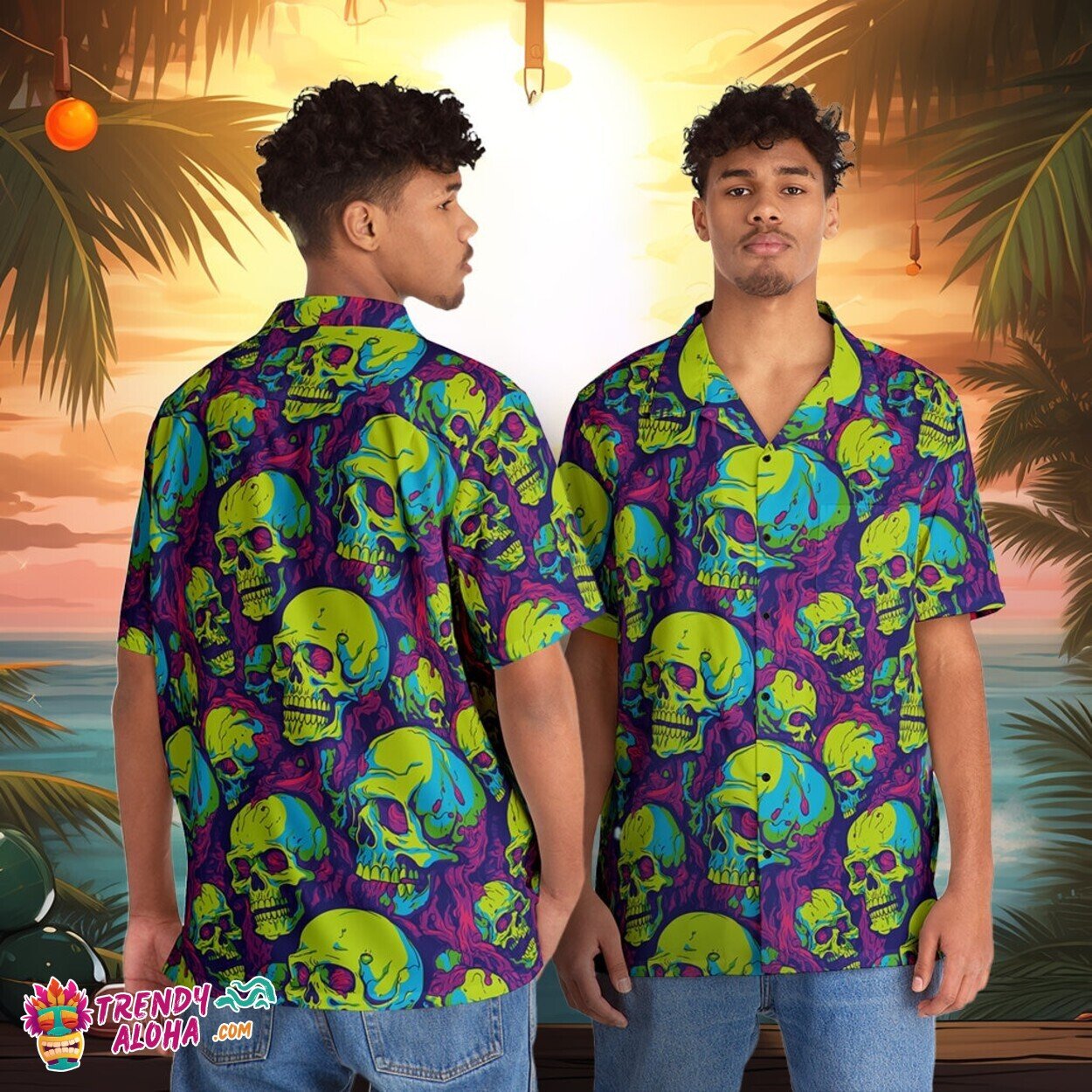 Creepy Zombie Brains Motif on Men's Hawaiian Horror Themed Shirt