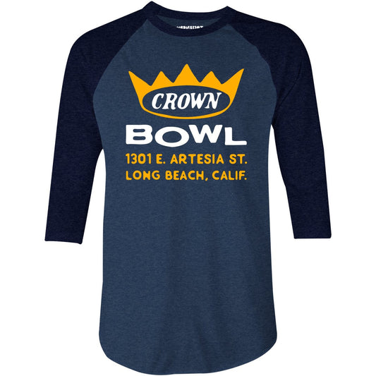 Crown Bowl - Long Beach, CA - Vintage Bowling Alley - 3/4 Sleeve Raglan T-Shirt