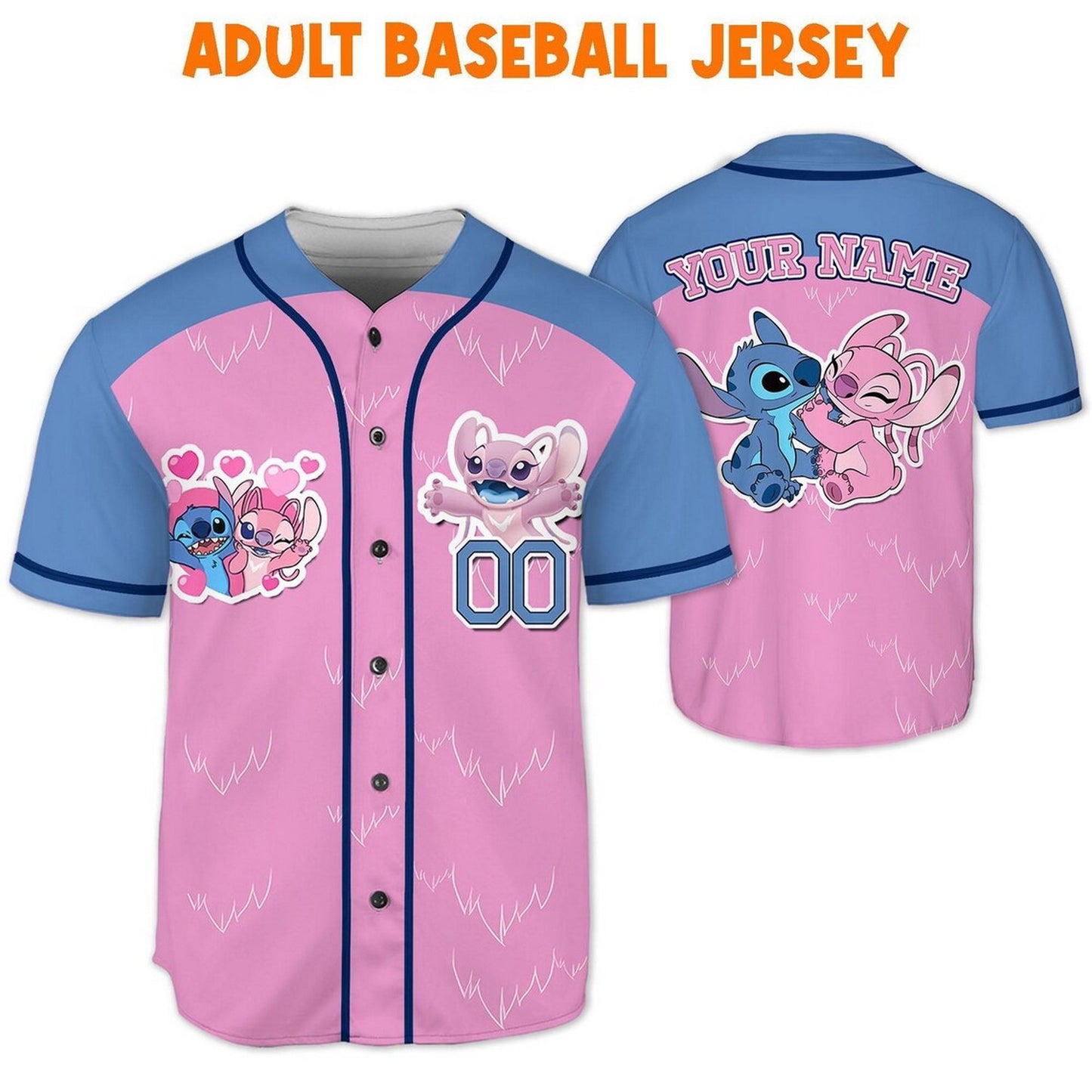 Custom Disney Lovely Stitch And Angel Pink Blue Baseball Jersey
