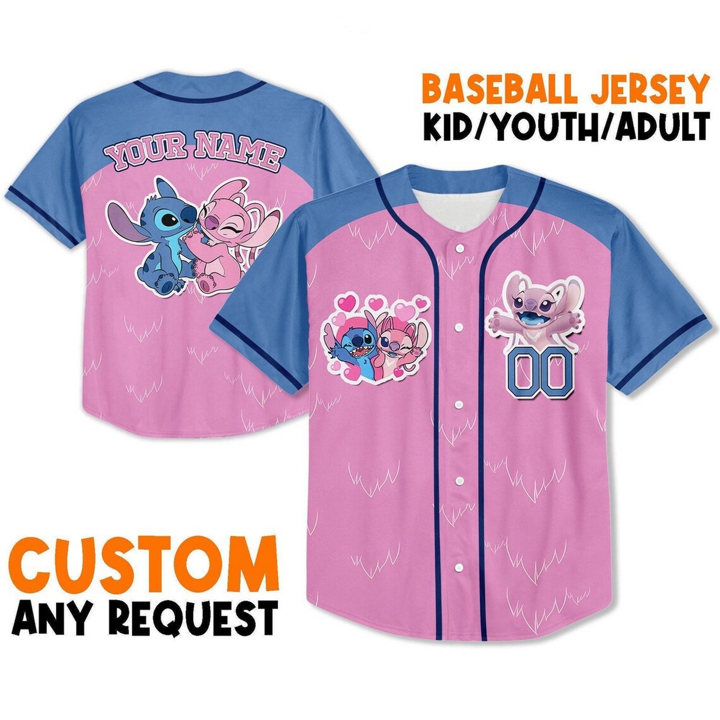 Custom Disney Lovely Stitch And Angel Pink Blue Baseball Jersey