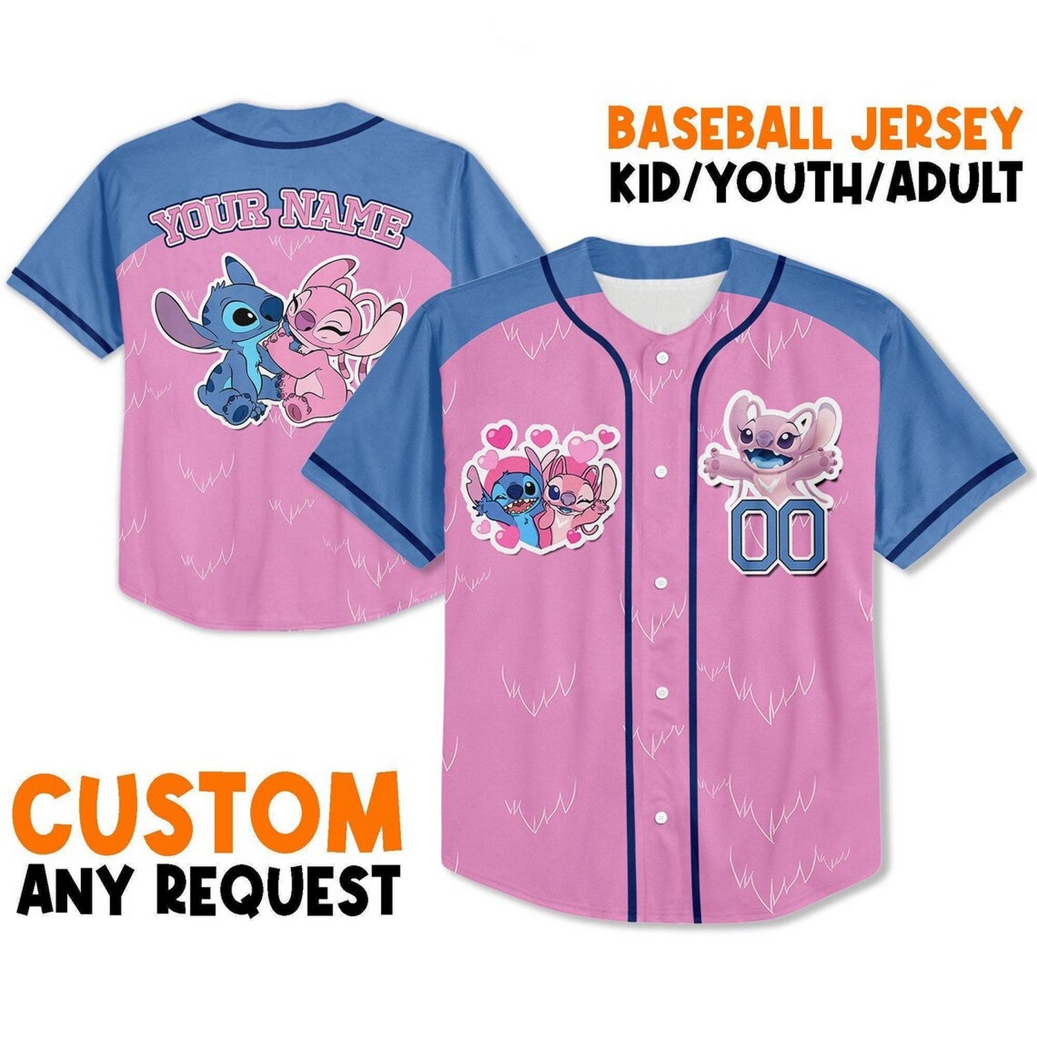 Custom Disney Lovely Stitch And Angel Pink Blue Baseball Jersey
