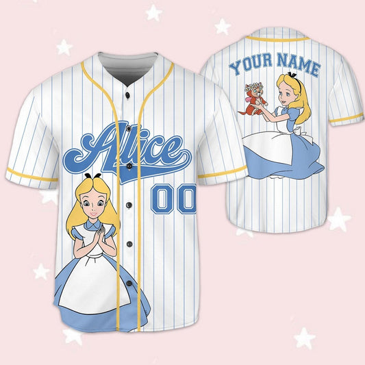 Custom Name And Number Alice In Wonderland Stripes White Baseball Jersey