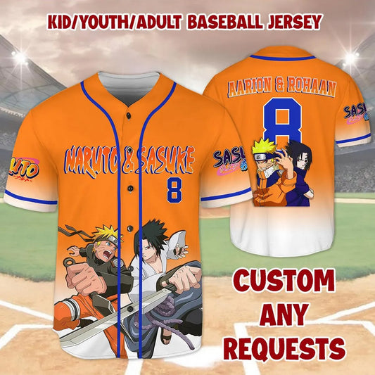 Custom Name And Number Anime Naruto &amp; Sasuke Orange Baseball Jersey