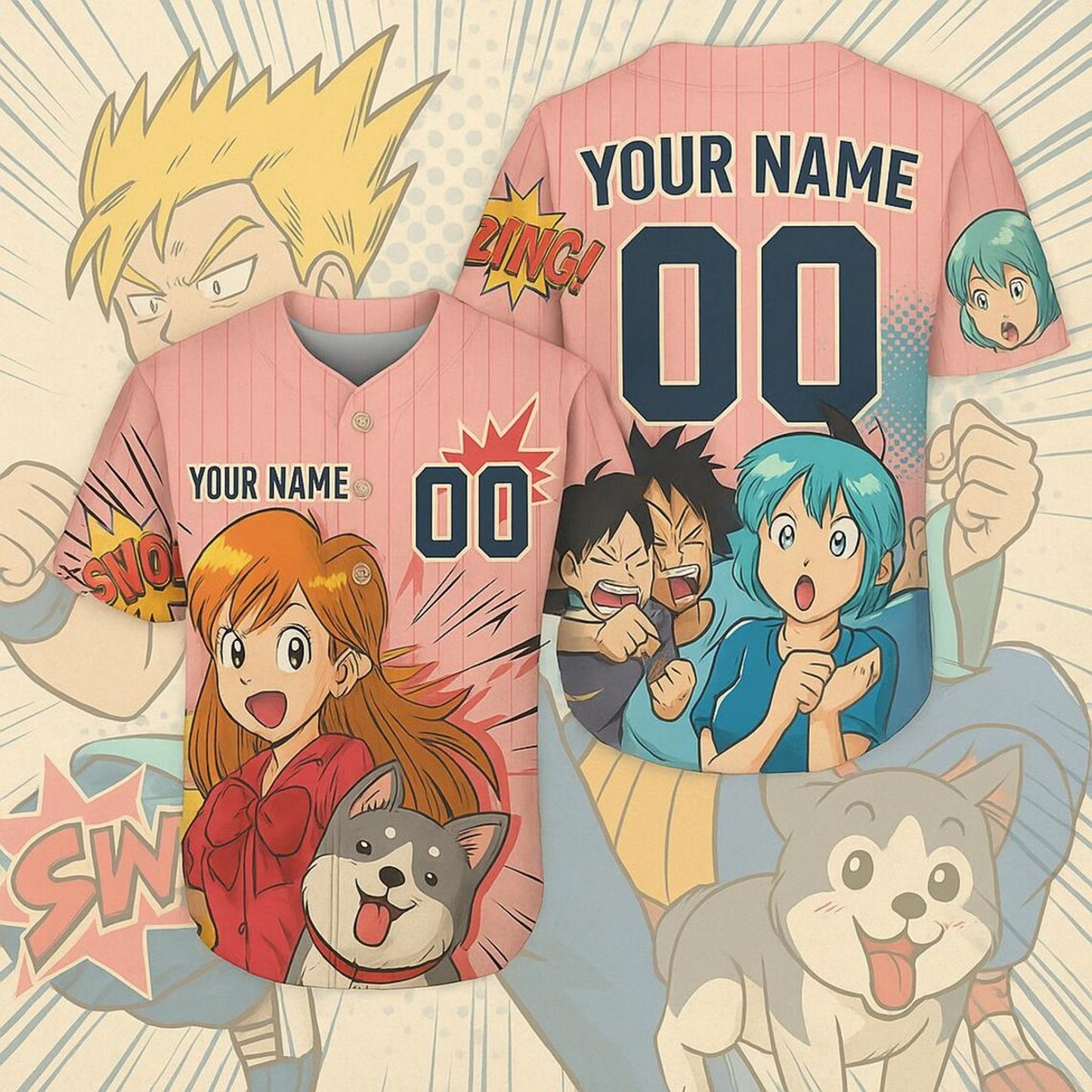 Custom Name And Number Cute Anime Characters Pink Baseball Jersey