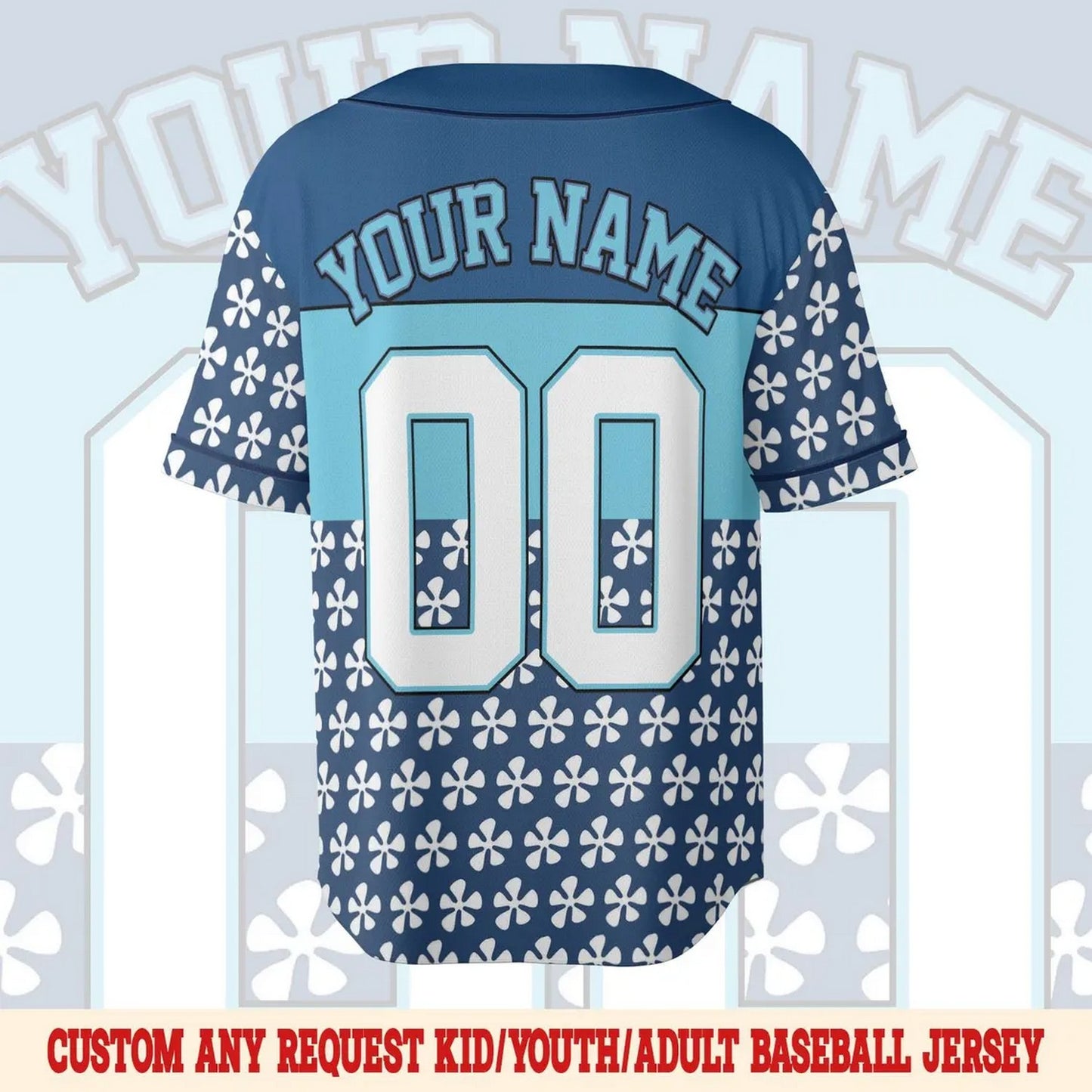 Custom Name And Number Cute Disney Stitch And Flowers Blue Baseball Jersey