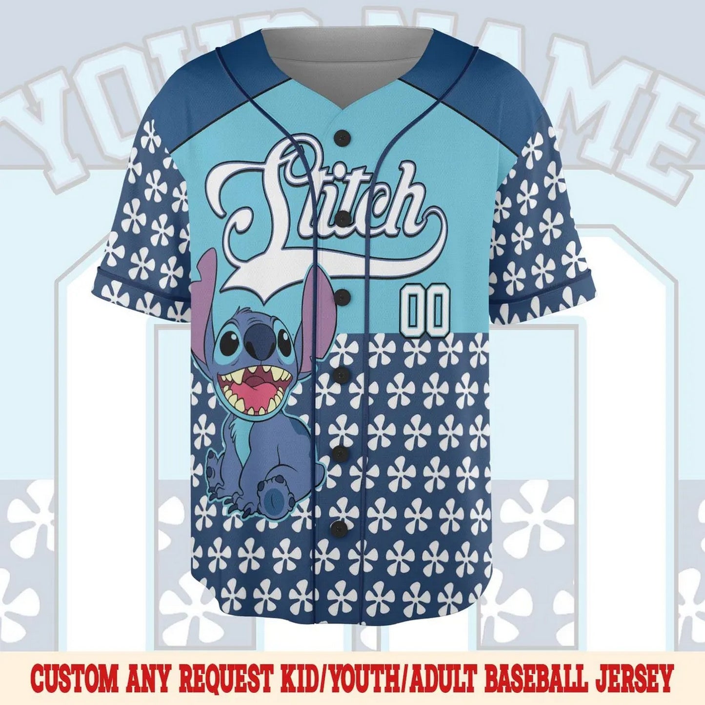 Custom Name And Number Cute Disney Stitch And Flowers Blue Baseball Jersey