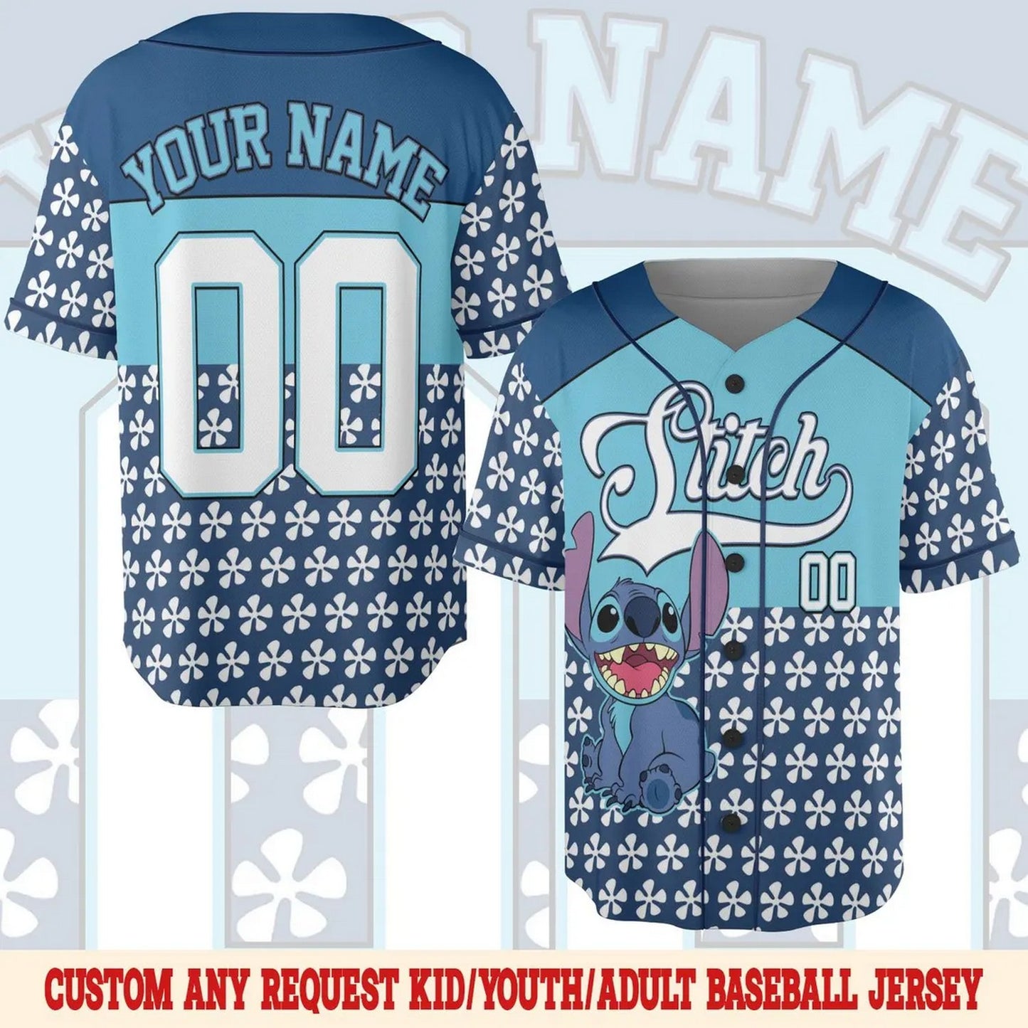 Custom Name And Number Cute Disney Stitch And Flowers Blue Baseball Jersey