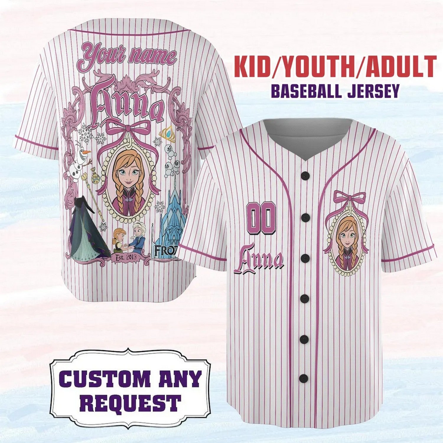 Custom Name And Number Disney Anna Princess Striped White Baseball Jersey