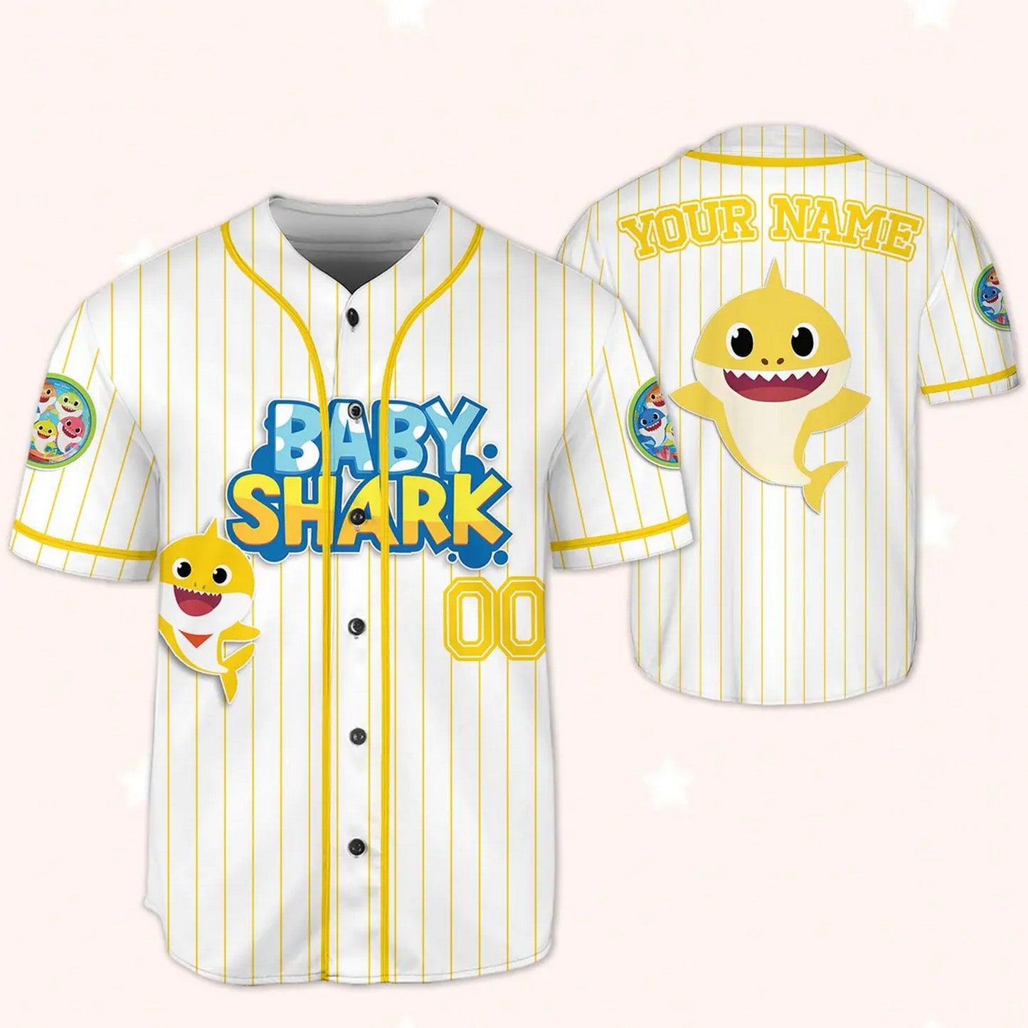 Custom Name And Number Disney Baby Shark Striped White Baseball Jersey