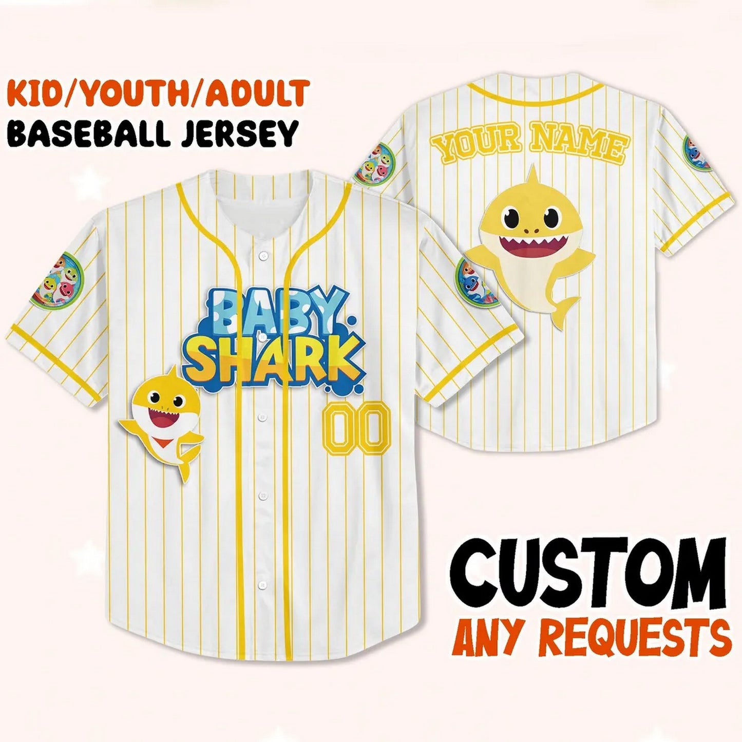 Custom Name And Number Disney Baby Shark Striped White Baseball Jersey