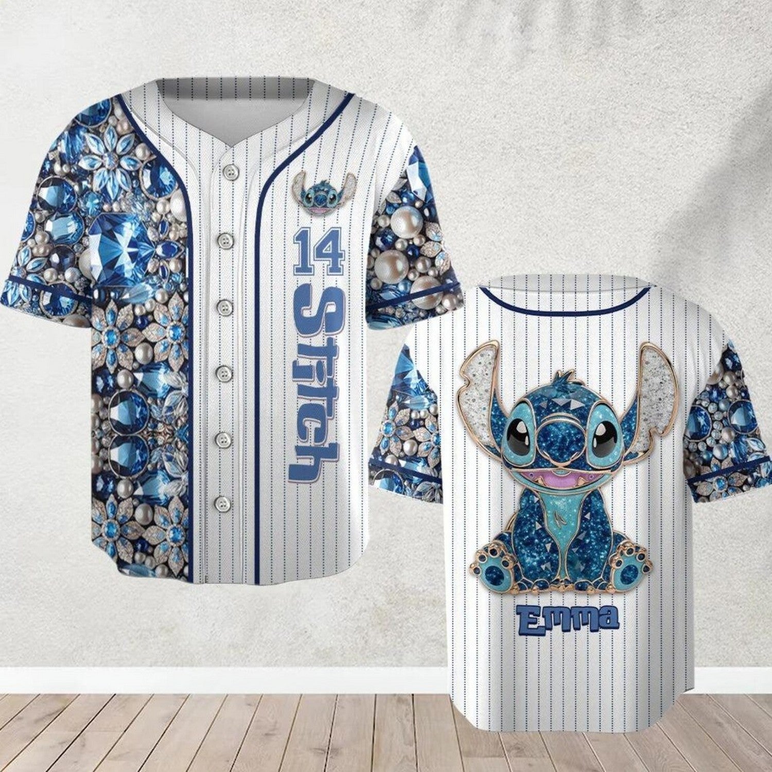 Custom Name And Number Disney Blue Gem Stitch  Striped White Baseball Jersey