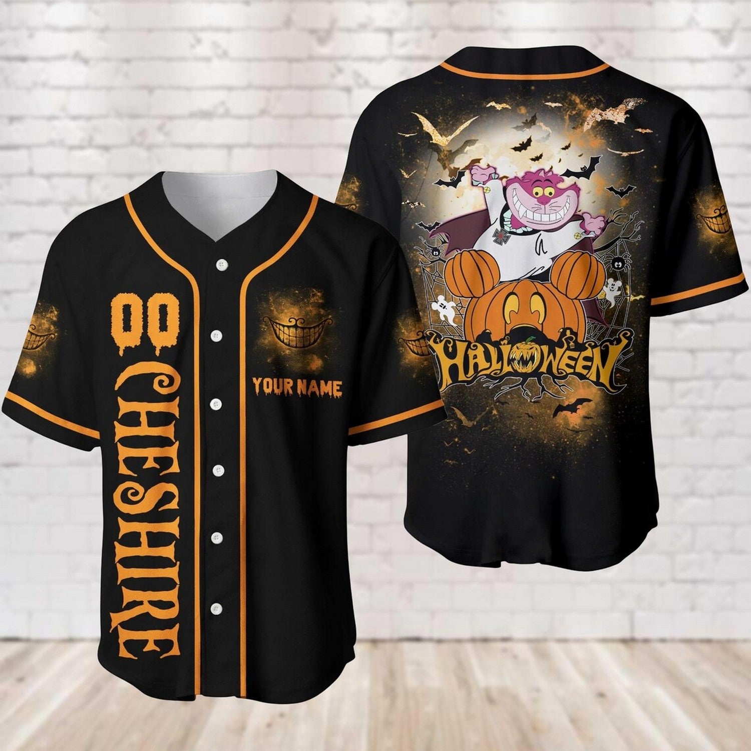 Custom Name And Number Disney Cheshire Cat Halloween Black Baseball Jersey