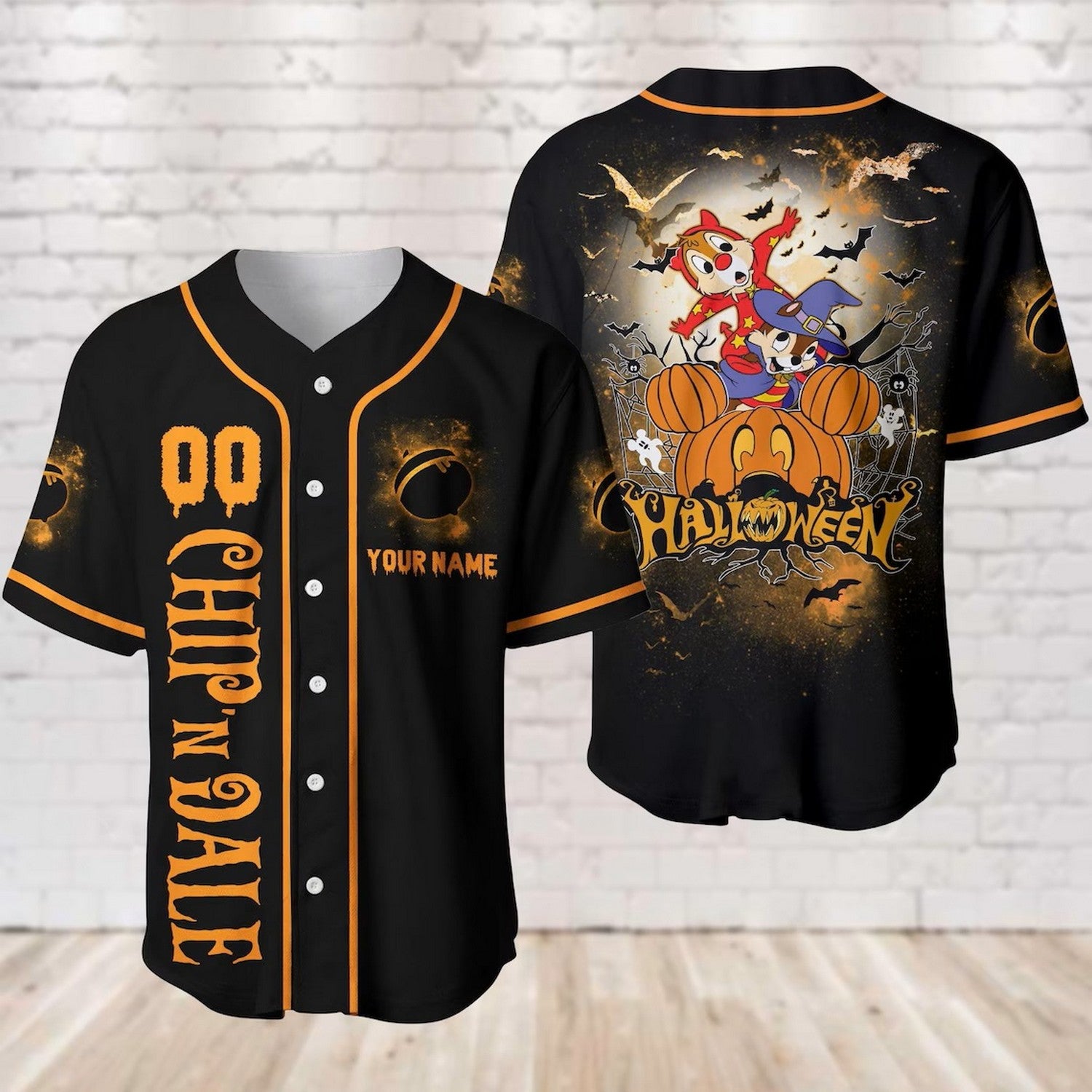 Custom Name And Number Disney Chip And Dale Halloween Black Baseball Jersey