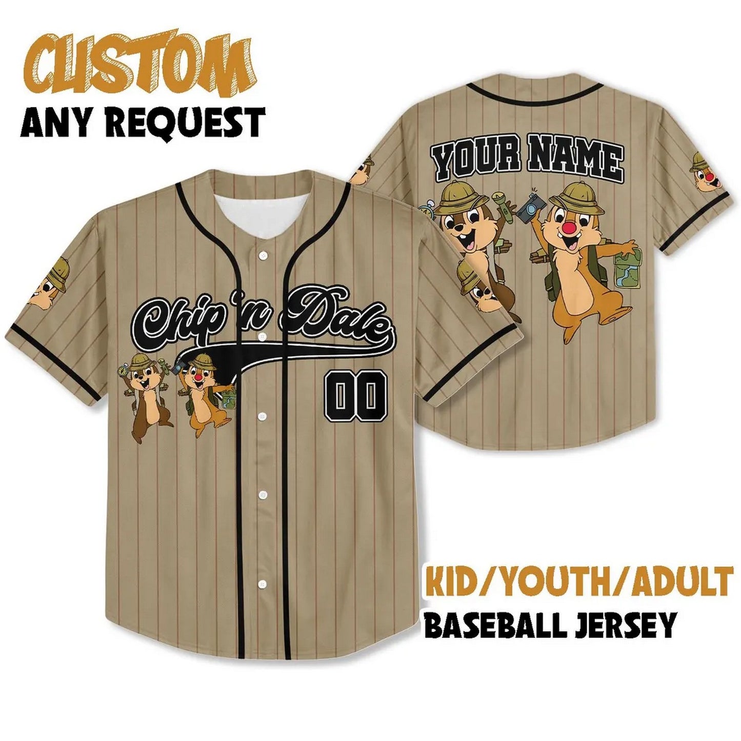 Custom Name And Number Disney Chip And Dale Striped Light Brown Baseball Jersey