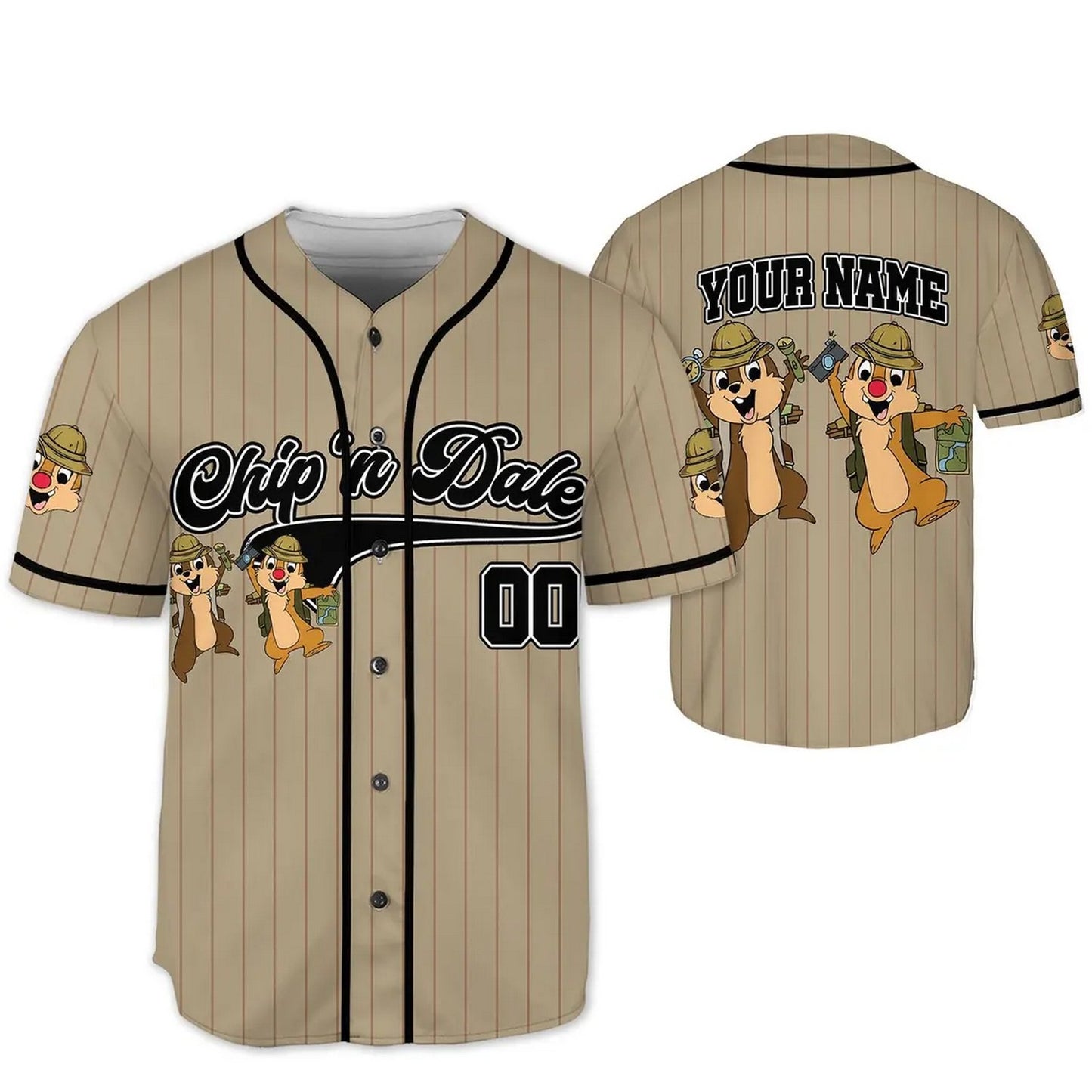 Custom Name And Number Disney Chip And Dale Striped Light Brown Baseball Jersey