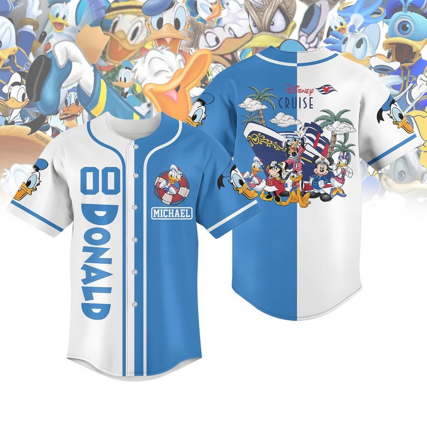 Custom Name And Number Disney Donald Duck Cruise Blue White Baseball Jersey