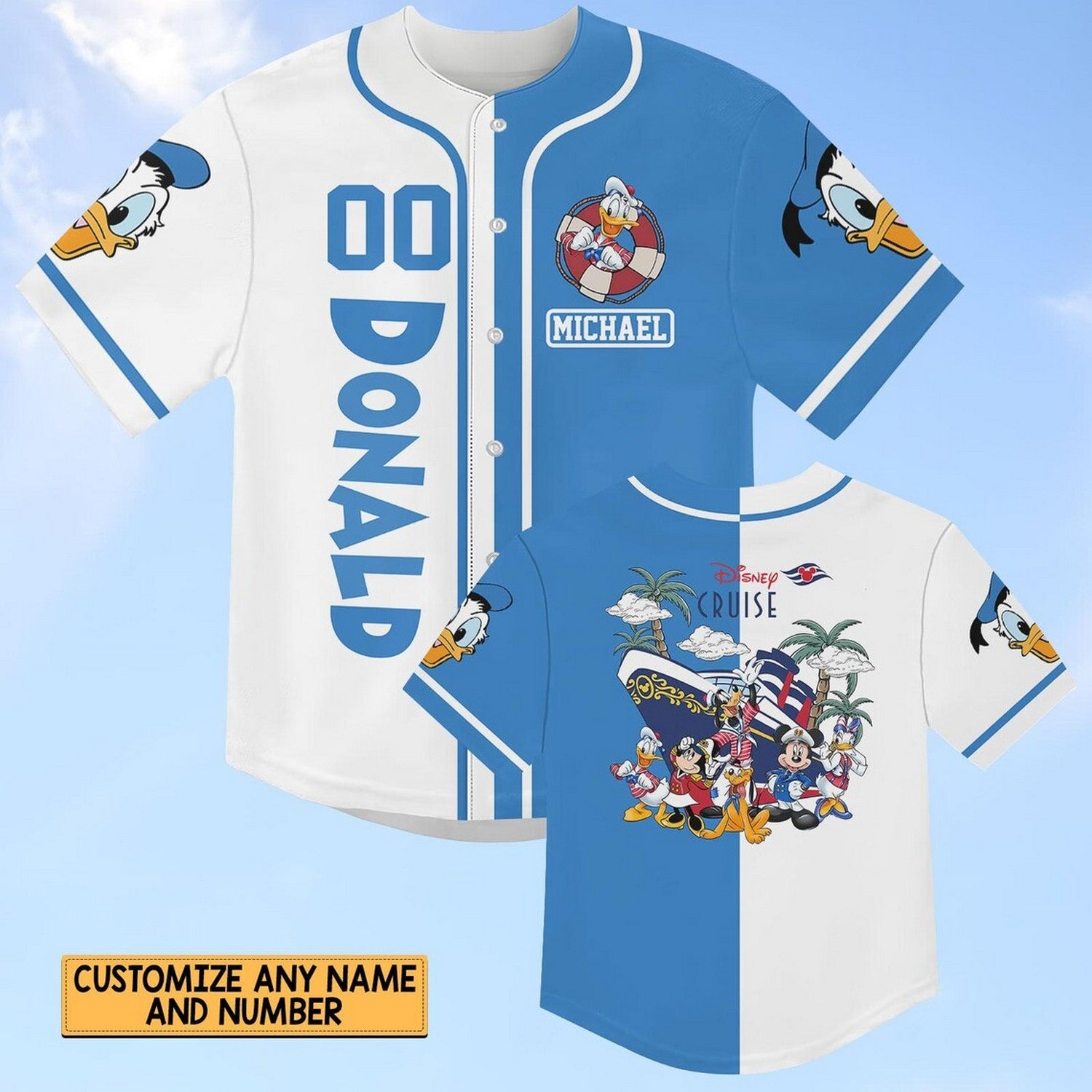 Custom Name And Number Disney Donald Duck Cruise Blue White Baseball Jersey