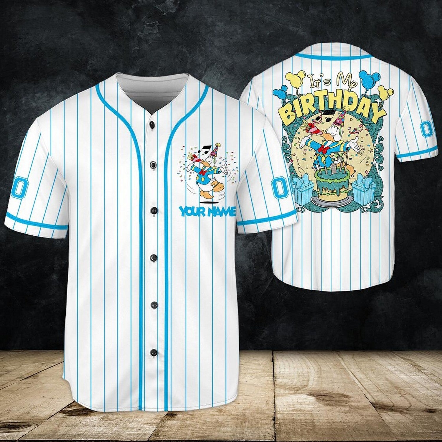 Custom Name And Number Disney Donald Duck It's My Birthday Stipes White Baseball Jersey