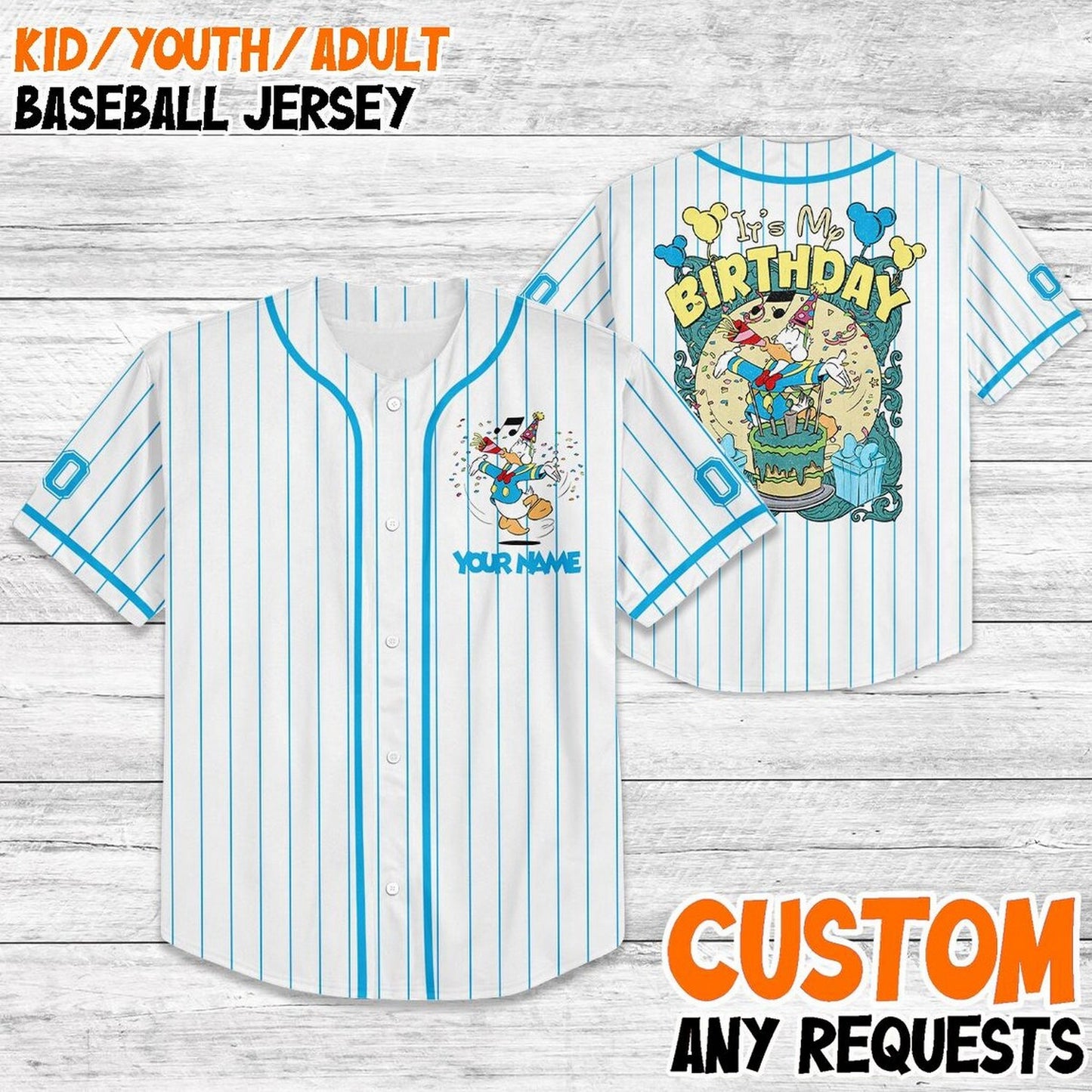 Custom Name And Number Disney Donald Duck It's My Birthday Stipes White Baseball Jersey