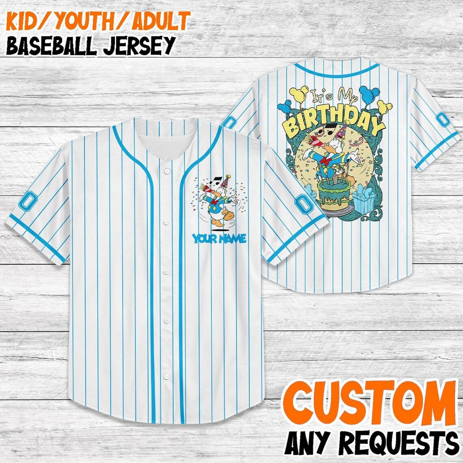 Custom Name And Number Disney Donald Duck It's My Birthday Stipes White Baseball Jersey